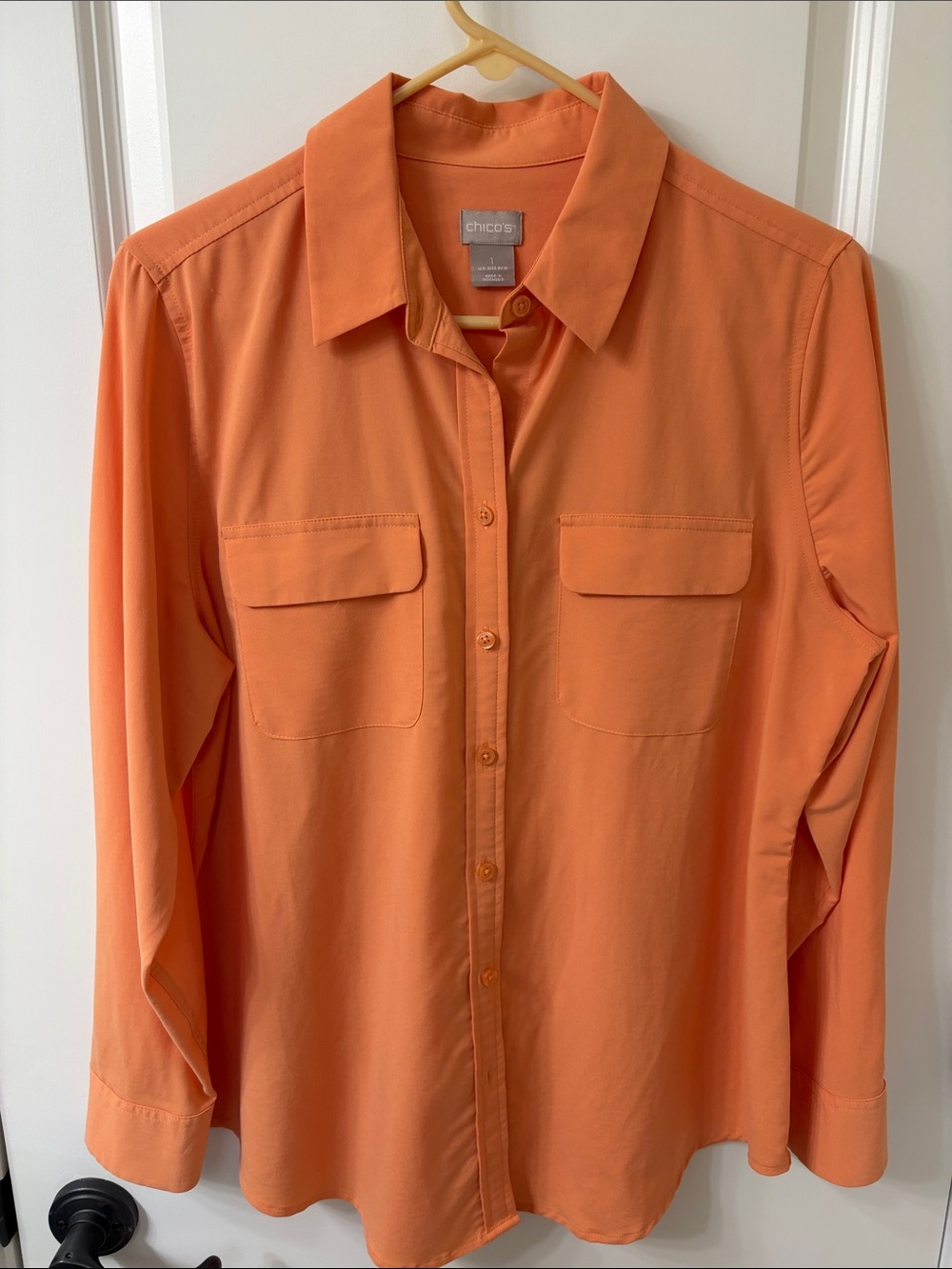 Chico's Women’s Coral Peach Long-Sleeve Button-Down Shirt